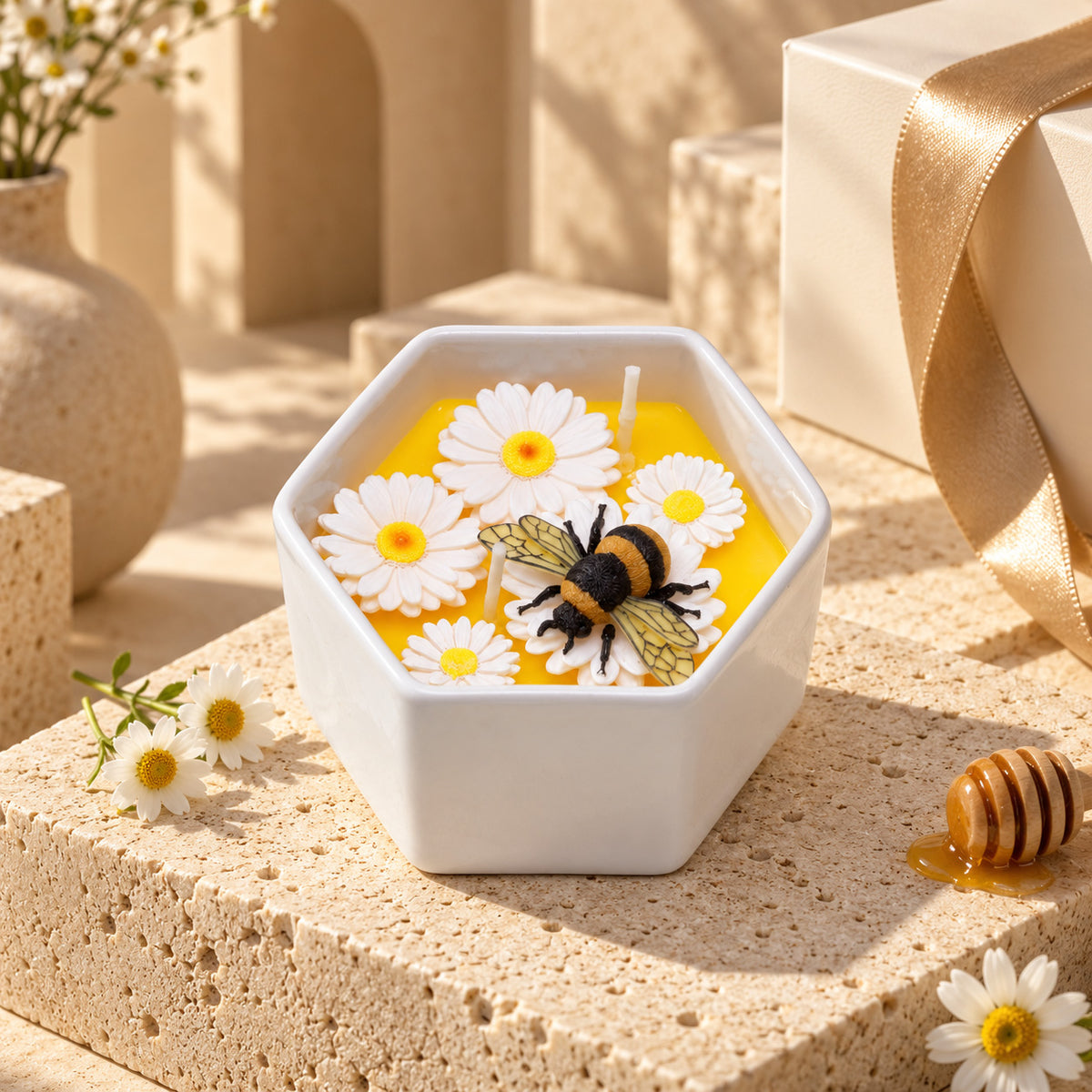 Honey Bee & Daisy Beeswax Candle – Honey Milk & Vanilla Scent