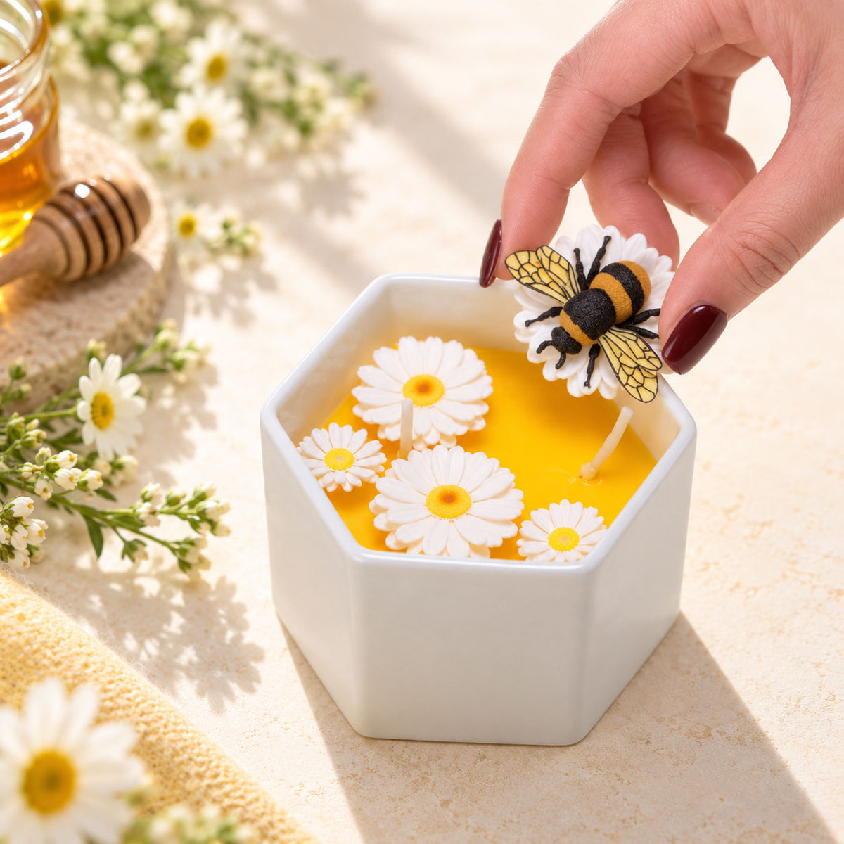 Honey Bee & Daisy Beeswax Candle – Honey Milk & Vanilla Scent