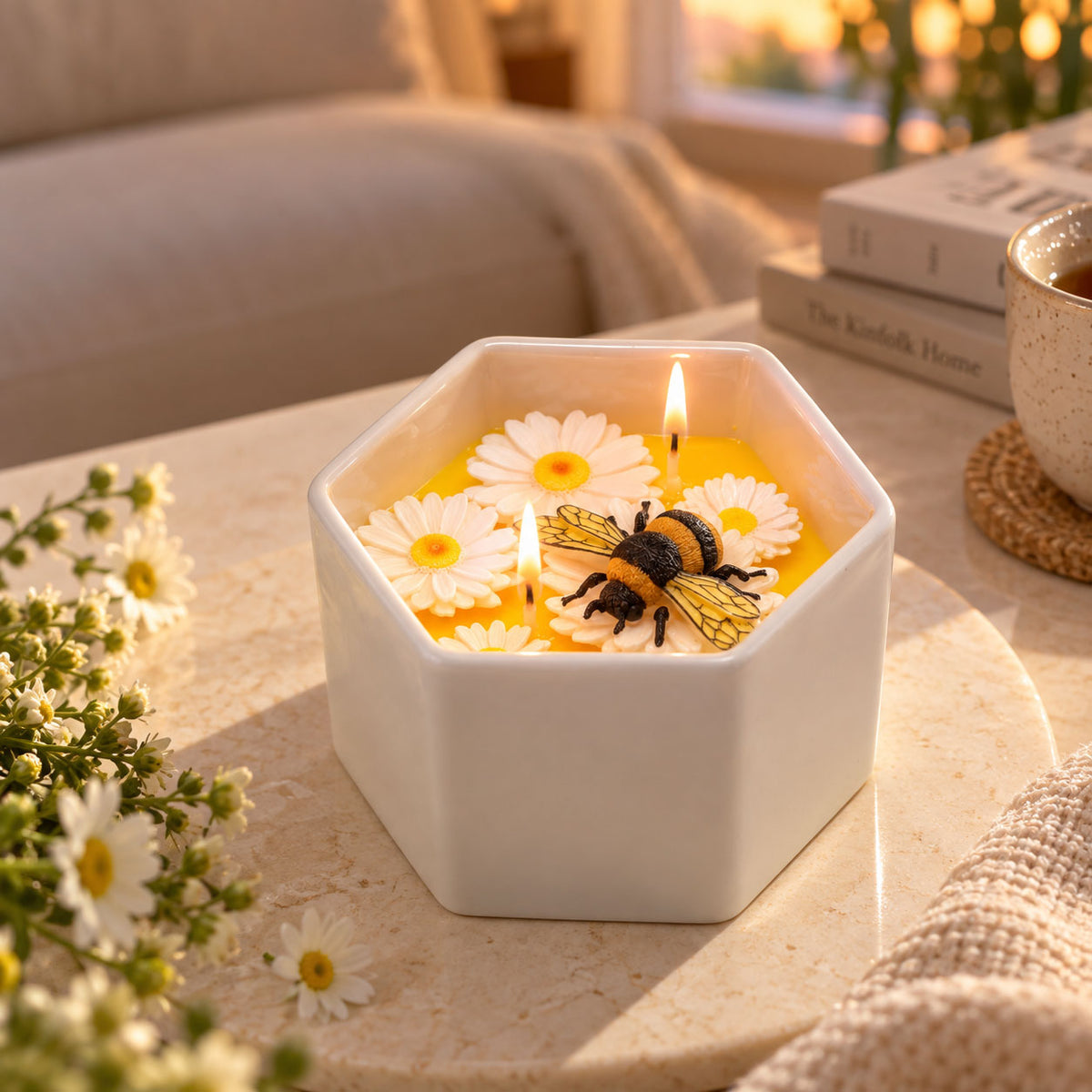 Honey Bee & Daisy Beeswax Candle – Honey Milk & Vanilla Scent