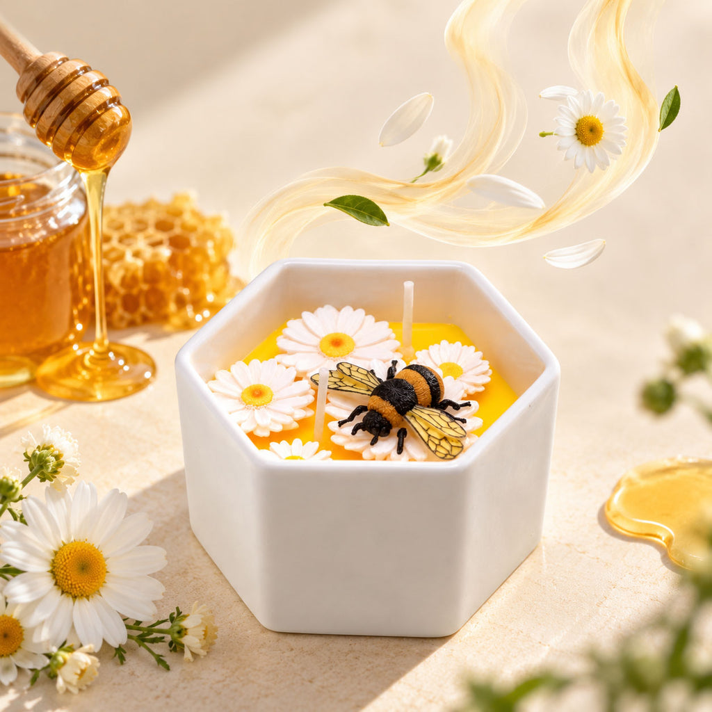 Honey Bee & Daisy Beeswax Candle – Honey Milk & Vanilla Scent