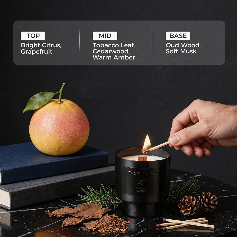 10.5 oz Teakwood & Tobacco Scented Candle - Crackling Wood Wick